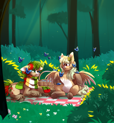 Size: 2779x3000 | Tagged: safe, artist:mediasmile666, derpibooru import, oc, oc only, butterfly, pegasus, basket, bush, clothes, duo, female, forest, freckles, grass, male, mare, outdoors, pale belly, picnic, picnic basket, picnic blanket, scarf, sitting, stallion, tree, underhoof, unshorn fetlocks