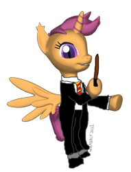 Size: 516x677 | Tagged: safe, derpibooru import, scootaloo, changeling, changepony, hybrid, pegasus, clothes, female, harry potter, pegaling, race swap, uniform