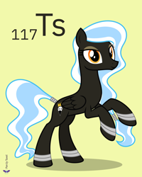 Size: 4000x5000 | Tagged: safe, artist:parclytaxel, derpibooru import, oc, oc only, oc:cygnet, pegasus, pony, series:joycall6's periodic table, .svg available, absurd resolution, bracelet, chemistry, female, hairband, jewelry, mare, periodic table, rearing, simple background, smiling, solo, tail wrap, tennessine, vector, yellow background