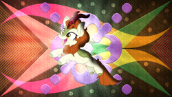 Size: 3840x2160 | Tagged: safe, artist:cherrygrove, artist:laszlvfx, derpibooru import, edit, autumn blaze, kirin, abstract background, high res, open mouth, open smile, smiling, solo, wallpaper, wallpaper edit