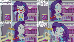 Size: 1280x720 | Tagged: safe, derpibooru import, edit, edited screencap, editor:quoterific, screencap, fluttershy, rarity, better together, costume conundrum, costume conundrum: rarity, equestria girls, bracelet, crossed arms, cute, darling jar, eyes closed, geode of shielding, glasses, hairpin, jewelry, magical geodes, offscreen character, open mouth, raribetes, rarity peplum dress, rarity's glasses, smiling, swear jar