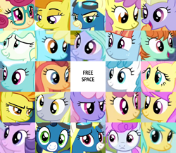 Size: 1760x1525 | Tagged: safe, derpibooru import, edit, edited screencap, screencap, blaze, clear skies, cotton sky, derpy hooves, dizzy twister, fleetfoot, flitter, fluttershy, high winds, lightning bolt, misty fly, orange swirl, parasol, peppermint goldylinks, posey shy, rainbowshine, sassaflash, spitfire, sunny rays, sunshower raindrops, surprise, sweet buzz, vapor trail, white lightning, windy whistles, pegasus, pony, bingo, female, friendship student, las pegasus resident, mare, whirlwind romance