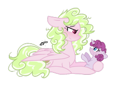 Size: 900x638 | Tagged: safe, artist:gallantserver, derpibooru import, oc, oc only, oc:blackberry muffin, oc:key lime pie, pegasus, pony, baby, baby pony, female, lying down, mare, offspring, offspring's offspring, parent:cheese sandwich, parent:oc:artemis, parent:oc:key lime pie, parent:pinkie pie, parents:cheesepie, parents:oc x oc, prone, simple background, transparent background