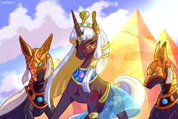 Size: 5200x3500 | Tagged: safe, artist:luna dave, derpibooru import, oc, oc:kirsis, earth pony, unicorn, armor, cloud, ear piercing, earring, egyptian, egyptian pony, horn, horn ring, jewelry, necklace, piercing, regalia, ring, sky