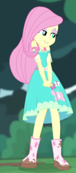 Size: 250x569 | Tagged: safe, derpibooru import, screencap, fluttershy, better together, equestria girls, stressed in show, stressed in show: fluttershy, cropped, female, grin, lidded eyes, lip bite, smiling, solo