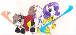 Size: 2476x1136 | Tagged: safe, artist:scittykitty, derpibooru import, rarity, oc, earth pony, pony, unicorn, armor, duo, earth pony oc, female, headphones, horn, lightsaber, magic, male, mare, raised hoof, raised leg, stallion, star wars, telekinesis, weapon