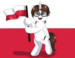 Size: 1570x1200 | Tagged: safe, artist:julie25609, oc, oc only, alicorn, pony, bipedal, commission, flag, glasses, male, poland, smiling, solo, stallion, ych result