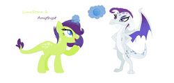 Size: 1116x537 | Tagged: safe, artist:pandoramoon110, derpibooru import, oc, oc only, oc:amethyst, oc:limestone, dracony, dragon, hybrid, pony, duo, female, interspecies offspring, levitation, magic, offspring, parent:rarity, parent:spike, parents:sparity, siblings, simple background, sisters, telekinesis, white background