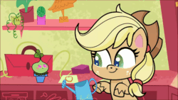 Size: 1920x1080 | Tagged: safe, derpibooru import, screencap, applejack, earth pony, pony, my little pony: pony life, terrorarium, spoiler:pony life s02e07, animated, applejack's hat, bipedal, clothes, cowboy hat, duo, female, hat, hawthorne the third, male, mare, plant, shrinking, surprised, water, watering, watering can