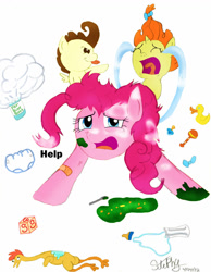 Size: 900x1159 | Tagged: safe, artist:stepany1234, derpibooru import, pinkie pie, pound cake, pumpkin cake, earth pony, pegasus, pony, unicorn, baby cakes, baby bottle, baby food, bandaid, bow, crying, cube, diaper, eyes closed, foal powder, foalsitter, milk, ocular gushers, open mouth, pacifier, rattle, rubber chicken, rubber duck, spoon, stressed, tongue, tongue out