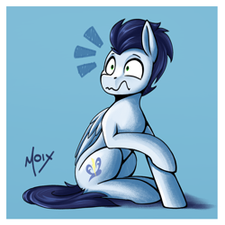 Size: 2000x2000 | Tagged: safe, artist:supermoix, derpibooru import, soarin', pegasus, pony, cute, emanata, folded wings, male, scared, simple background, solo, stallion, wavy mouth, wide eyes, wings