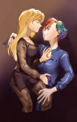 Size: 500x786 | Tagged: artist needed, source needed, safe, derpibooru import, applejack, rainbow dash, human, alternate hairstyle, alternate timeline, apocalypse dash, applecalypsejack, appledash, crystal war timeline, female, humanized, lesbian, shipping