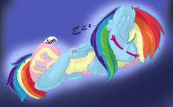 Size: 3378x2096 | Tagged: safe, artist:vinca, derpibooru import, rainbow dash, pegasus, pony, female, hugging a pillow, implied flutterdash, implied lesbian, implied shipping, mare, pillow, sleeping, solo, wings