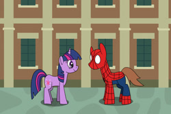 Size: 1280x854 | Tagged: safe, artist:platinumdrop, derpibooru import, twilight sparkle, unicorn twilight, earth pony, pony, unicorn, female, male, mare, ponified, request, spider-man, stallion