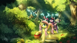 Size: 2560x1440 | Tagged: safe, artist:anticular, derpibooru import, applejack, fluttershy, pinkie pie, rainbow dash, rarity, twilight sparkle, twilight sparkle (alicorn), alicorn, earth pony, pegasus, pony, unicorn, basket, crepuscular rays, female, flying, forest, hat, mane six, mare, mouth hold, outdoors, picnic basket, scenery, smiling, sun hat, sunglasses, walking