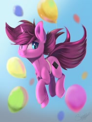 Size: 1280x1693 | Tagged: safe, artist:sketchiix3, derpibooru import, oc, oc only, oc:aurorafang, pony, unicorn, balloon, flying, looking at you, party balloon, smiling