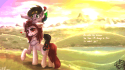 Size: 1920x1080 | Tagged: safe, artist:finalaspex, derpibooru import, oc, oc only, oc:cipher wave, oc:finalaspex, pony, animated, animated png, background, couple, female, gif, male, mare, mountain, no sound, perfect loop, pointing, riding, scenary porn, sitting on, sitting on pony, smiling, stallion, walking, webm