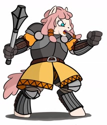 Size: 1200x1403 | Tagged: safe, artist:velgarn, derpibooru import, oc, oc only, oc:petra kastamonika, anthro, earth pony, pony, angry, armor, female, freckles, gambeson, jewelry, mace, mare, plate armor, shield mare, simple background, solo, weapon, white background