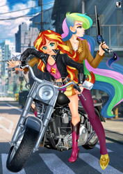 Size: 1000x1414 | Tagged: safe, artist:lord--opal, derpibooru import, princess celestia, principal celestia, sunset shimmer, equestria girls, adult, angry, arms, bikecycle, boots, breasts, building, bust, clothes, crossover, fingers, gun, harley davidson, holding, human coloration, jacket, leather jacket, legs, lipstick, long hair, long sleeves, makeup, motorcycle, pants, shirt, shoes, shotgun, sitting, skirt, street, suit, teenager, top, weapon