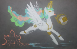 Size: 700x442 | Tagged: safe, artist:dany-the-hell-fox, derpibooru import, princess celestia, alicorn, pony, alternate hairstyle, ball, beach, bracelet, eyes closed, jewelry, magic, necklace, ponytail, sandcastle, solo, telekinesis, tongue, tongue out, traditional art, water