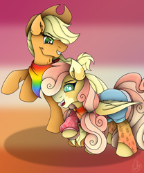 Size: 2500x3000 | Tagged: safe, artist:thelifeoncloud9, derpibooru import, applejack, oc, oc:pina colada (ice1517), earth pony, pony, applejack's hat, bandana, clothes, coat markings, commission, cowboy hat, duo, female, freckles, gay pride flag, grin, hat, icey-verse, lesbian pride flag, magical lesbian spawn, mare, mother and child, mother and daughter, offspring, open mouth, parent and child, parent:applejack, parent:strawberry sunrise, parents:applerise, pride, pride flag, pride month, raised hoof, raised leg, rearing, shirt, shorts, smiling, socks, stockings, thigh highs, ych result