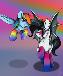 Size: 2500x3000 | Tagged: safe, artist:thelifeoncloud9, derpibooru import, rainbow dash, oc, oc:moon glider, bat pony, pegasus, pony, bat pony oc, bisexual pride flag, clothes, commission, duo, ear piercing, earring, female, flying, gay pride flag, grin, icey-verse, jewelry, looking at each other, male, mare, mother and child, mother and son, parent and child, piercing, pride, pride flag, pride month, rainbow socks, raised hoof, raised leg, smiling, socks, stallion, striped socks, sunglasses, tattoo, ych result