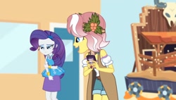 Size: 1266x719 | Tagged: safe, derpibooru import, screencap, rarity, vignette valencia, better together, equestria girls, rollercoaster of friendship, cellphone, female, flower, flower in hair, happy, phone, rarity peplum dress, sad, smartphone