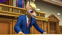 Size: 3840x2160 | Tagged: safe, alternate version, artist:antonsfms, derpibooru import, oc, oc only, oc:nickyequeen, anthro, donkey, 3d, ace attorney, alternate universe, angry, anthro oc, badge, banner, clothes, commission, commissioner:nickyequeen, court, courtroom, crossover, desk, donkey oc, formal attire, formal wear, hand on hip, high res, image set, leaning, looking up, male, phoenix wright, solo, source filmmaker, suit