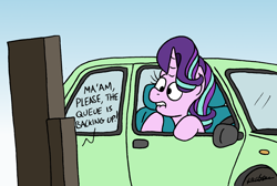 Size: 2000x1343 | Tagged: safe, artist:bobthedalek, derpibooru import, starlight glimmer, pony, unicorn, atg 2021, car, drive thru, indecision, lip bite, newbie artist training grounds, offscreen character