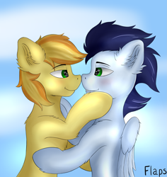 Size: 2199x2334 | Tagged: safe, artist:flapstune, derpibooru import, braeburn, soarin', earth pony, pegasus, pony, duo, duo male, ear fluff, ears, fluffy, gay, green eyes, hug, looking at each other, male, shipping, signature, sky, smiling, soarburn, stallion, teeth, wings