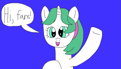 Size: 2289x1297 | Tagged: safe, artist:yorkyloves, derpibooru import, gusty, pony, unicorn, g1, g4, cute, female, g1 to g4, generation leap, gustybetes, mare, open mouth, open smile, purple background, simple background, smiling, solo, speech bubble, talking, waving