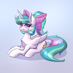 Size: 2126x2126 | Tagged: safe, artist:anonymous, twibooru import, princess celestia, alicorn, pony, :p, blue background, blushing, bow, chest fluff, cute, cutelestia, female, gradient background, hair bow, heart eyes, image, looking at you, mare, missing accessory, png, prone, sillestia, simple background, smiling, smiling at you, solo, tongue, tongue out, wingding eyes