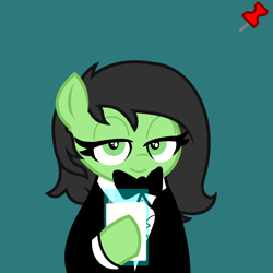 Size: 2048x2048 | Tagged: safe, artist:dtavs.exe, oc, oc:anon filly, earth pony, pony, acres avatar, base used, clothes, female, holding, lidded eyes, looking at you, mare, milk, smiling, suit, tuxedo