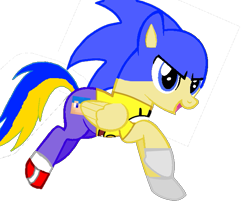 Size: 643x571 | Tagged: safe, oc, oc:spongebobsonic, pegasus, pony, blue eyes, cropped, minecraft, open mouth, pegasus oc, ponified, shoes, sonic the hedgehog, sonic the hedgehog (series), spongebob squarepants, spongebobsonic10, two toned tail