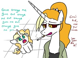 Size: 970x721 | Tagged: safe, artist:jargon scott, oc, oc only, oc:dyx, oc:dyxkrieg, alicorn, pony, alicorn oc, bathrobe, broken english, cigarette, clothes, dialogue, duo, ears, female, filly, floppy ears, lidded eyes, looking at each other, looking down, looking up, magical lesbian spawn, mare, mother and child, mother and daughter, offspring, older, older dyx, open mouth, parent and child, parent:oc:dyx, parent:oc:luftkrieg, parents:oc x oc, red sclera, robe, smoking, unusual pupils, wingding eyes