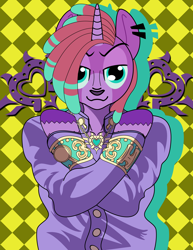 Size: 3000x3883 | Tagged: safe, oc, oc only, oc:piropie, anthro, unicorn, clothes, jojo pose, jojo's bizarre adventure, josuke higashikata, simple background