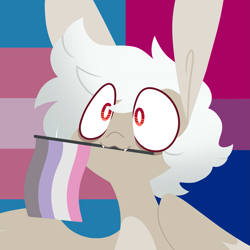 Size: 2019x2019 | Tagged: safe, artist:connorbal, derpibooru import, oc, oc only, oc:leech, pegasus, pony, :3, asexual, bags under eyes, bisexual, cupiosexual, fangs, high res, holding a flag, male, mouth hold, pegasus oc, ponysona, pride, pride flag, pride month, solo, stallion, transgender