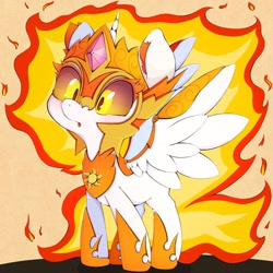 Size: 2048x2048 | Tagged: safe, artist:zokkili, derpibooru import, daybreaker, alicorn, pony, cute, diabreaker, ear fluff, ears, female, filly, helmet, high res, mane of fire, solo, spread wings, wings