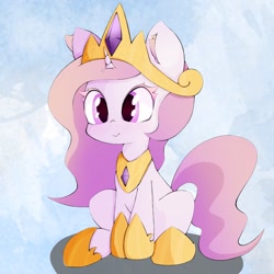 Size: 1024x1024 | Tagged: safe, artist:zokkili, derpibooru import, princess celestia, pony, unicorn, cewestia, crown, cute, cutelestia, ear fluff, ears, female, filly, hoof shoes, jewelry, race swap, regalia, sitting, solo, unicorn celestia, younger