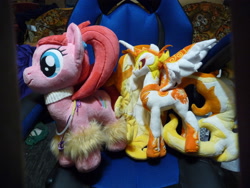 Size: 3648x2736 | Tagged: safe, artist:my-little-plush, derpibooru import, daybreaker, pacific glow, alicorn, earth pony, pony, female, irl, jewelry, leg warmers, necklace, pacifier, photo, pigtails, plushie, regalia, spread wings, wings