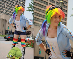 Size: 900x732 | Tagged: safe, derpibooru import, rainbow dash, human, turtle, clothes, connecticon, connecticon 2012, converse, cosplay, costume, goggles, hand on hip, irl, irl human, photo, plushie, rainbow socks, shoes, shorts, sneakers, socks, striped socks