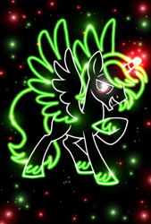 Size: 1080x1596 | Tagged: safe, artist:jvartes6112, derpibooru import, oc, oc only, alicorn, pony, alicorn oc, glowing eyes, glowing horn, hoof on chest, horn, lineart, male, neon, open mouth, smiling, solo, stallion, unshorn fetlocks, wings