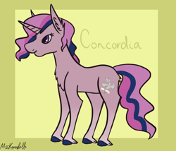 Size: 1750x1500 | Tagged: safe, artist:misskanabelle, derpibooru import, oc, oc only, oc:concordia, unicorn, abstract background, chest fluff, ear fluff, ears, female, hoof fluff, horn, magical lesbian spawn, mare, offspring, parent:starlight glimmer, parent:twilight sparkle, parents:twistarlight, signature, solo, unicorn oc