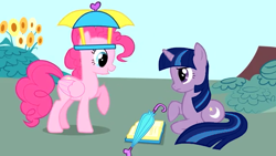 Size: 638x360 | Tagged: safe, derpibooru import, edit, pinkie pie, twilight sparkle, twilight twinkle, unicorn twilight, pegasus, pony, unicorn, 2009, book, confused, hat, moon, pegasus pinkie pie, race swap, show bible, show pilot, smiling, stars, start of ponies, umbrella, umbrella hat, what could have been, wings
