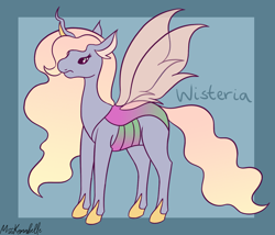 Size: 1750x1500 | Tagged: safe, artist:misskanabelle, derpibooru import, oc, oc only, oc:wisteria, changeling, changeling queen, changepony, abstract background, changeling queen oc, female, hoof shoes, horn, interspecies offspring, magical lesbian spawn, offspring, parent:princess celestia, parent:queen chrysalis, parents:chryslestia, signature, solo, wings