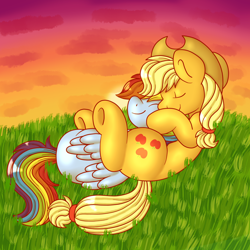 Size: 1000x1000 | Tagged: safe, artist:officialcrystalpepsi, derpibooru import, applejack, rainbow dash, earth pony, pegasus, pony, appledash, applejack's hat, clothes, cloud, cowboy hat, cute, dashabetes, digital art, duo, duo female, eyes closed, female, folded wings, grass, hat, hooves up, jackabetes, lesbian, lying down, mare, outdoors, resting, shipping, smiling, snuggling, sun, sunset, wings