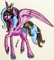 Size: 2265x2482 | Tagged: safe, artist:beamybutt, derpibooru import, oc, oc only, alicorn, pony, alicorn oc, bust, eyelashes, female, high res, horn, mare, signature, smiling, solo, traditional art, unshorn fetlocks, wings