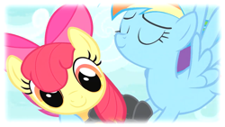 Size: 1280x720 | Tagged: safe, derpibooru import, edit, edited screencap, screencap, apple bloom, rainbow dash, earth pony, pegasus, pony, the washouts (episode), bow, clothes, eyes closed, female, filly, flying, hair bow, holding a pony, looking at you, sky, smiling, suit