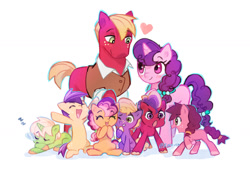 Size: 1280x890 | Tagged: safe, artist:kino-ta, derpibooru import, big macintosh, little mac, sugar belle, oc, oc:braeburn, oc:golden russ, oc:honey crisp (kino-ta), oc:jubilee, oc:pippin apple (kino-ta), earth pony, pony, unicorn, colt, female, filly, male, offspring, older, parent:big macintosh, parent:sugar belle, parents:sugarmac, shipping, straight, sugarmac