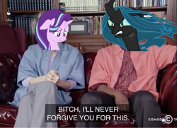 Size: 1600x1157 | Tagged: safe, derpibooru import, queen chrysalis, starlight glimmer, changeling, changeling queen, pony, unicorn, angry, chappelle's show, comedy central, female, mare, meme, sad, vulgar